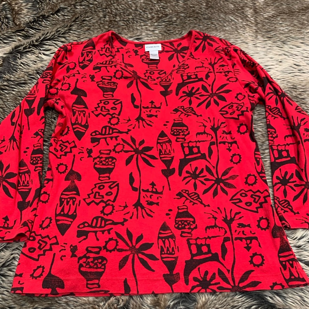 Chico's Women's V Neck long sleeve tribal print Red/Black Top Size 1